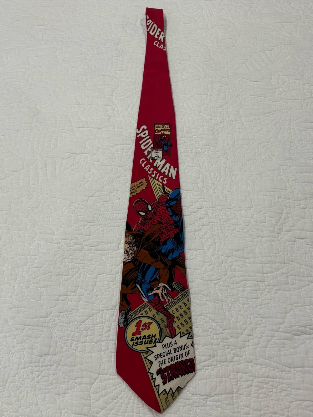 Vintage 90s Spiderman Classics Marvel Comics 100% Silk Necktie Red Spell Out